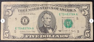 Etats-Unis Billet 5 dollars 1988 Atelier E Richemond