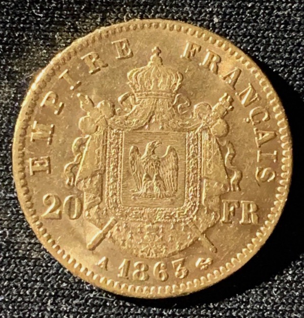 20 francs or Napoléon 3 Tête Laurée 1863A