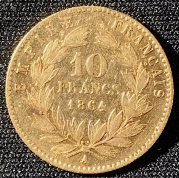 10 francs or napoléon III tête laurée 1864 A