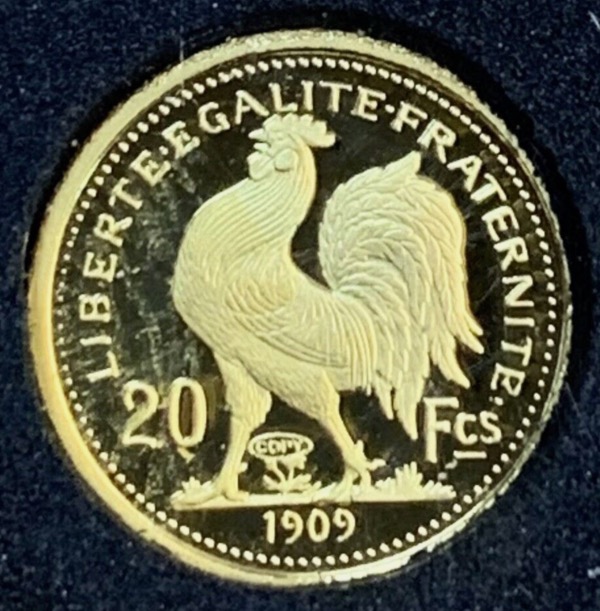 20 Francs Coq Marianne 1909 médaille Or 999 1.26g