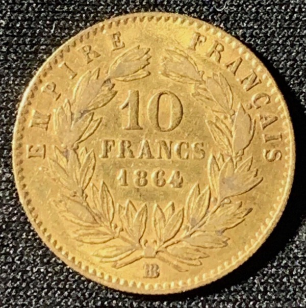 10 francs or napoléon III tête laurée 1864 BB