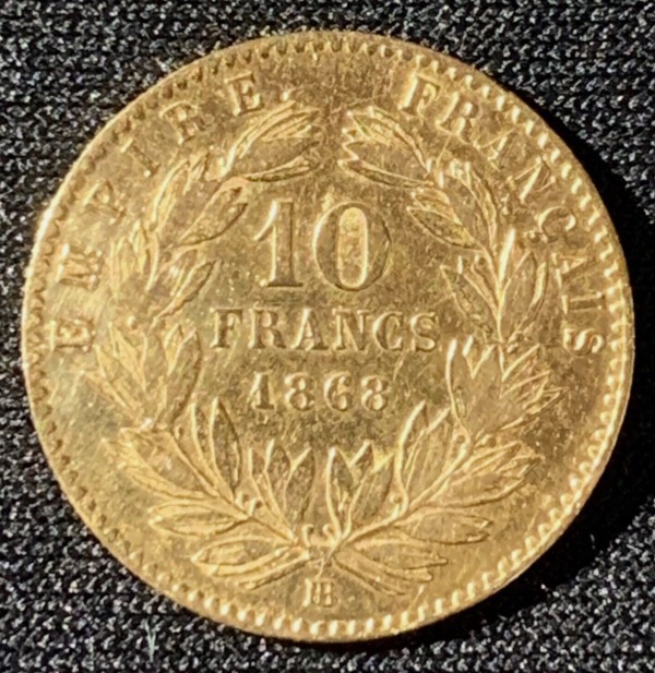 10 francs or napoléon III tête laurée 1868 BB